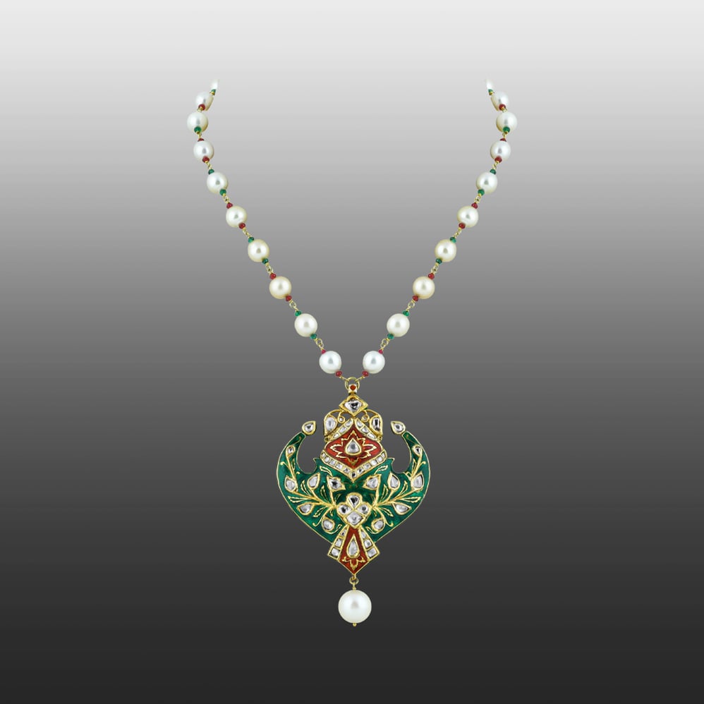 Pearl Necklace with Green-Red Enamel Pendant